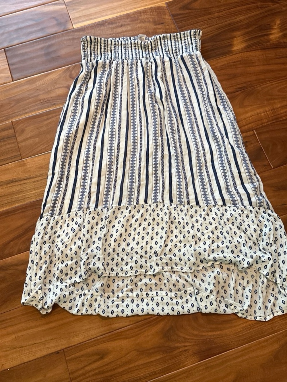 Studio West Navy and White Striped Smocked-Waist Maxi Skirt